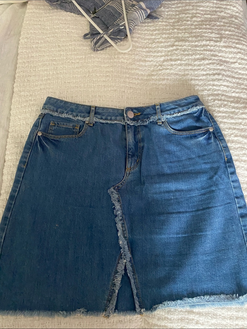 LOFT Blue Denim Frayed-Trim Skirt